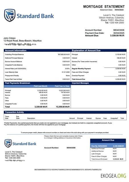 Modèle Word et PDF de relevé hypothécaire de Mauritius Standard Bank (Mauritius) Limited